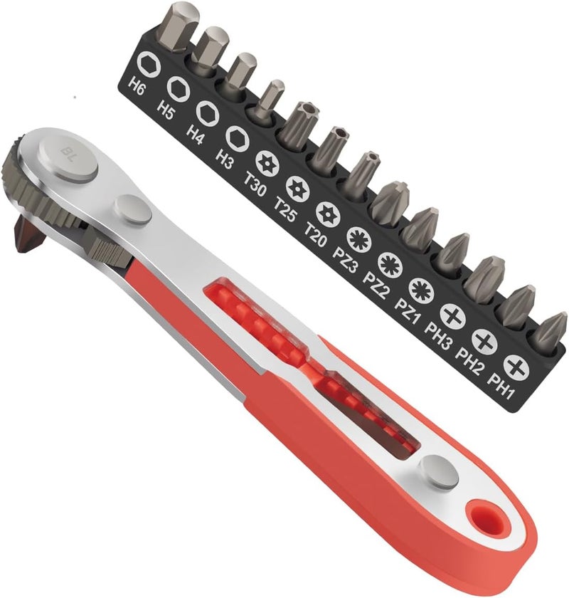 ROTATION 16pc Bit Set with 1/4 Mini Ratchet Offset Right Angle Screwdriver, Reversible Drive Handle, EDC Tool for Tight Spaces Automotive, Electronics & DIY Repair - Image 1